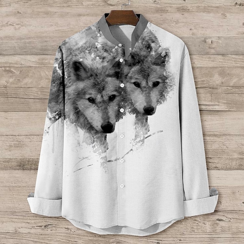 Men's Wolf Shirt Button Up Shirt Long Sleeve Vintage Casual Vacation Daily Summer Spring &  Fall Standing Collar Button Up 3D Print Blue Gray2