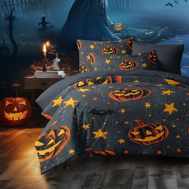 Halloween Duvet Cover Set Jack O Lantern Pumpkin Spooky and Festive Design - Includes Duvet Cover and Pillowcases - Soft and Comfortable Fabric - Perfect for Adding Halloween Spirit to Your Bedroom