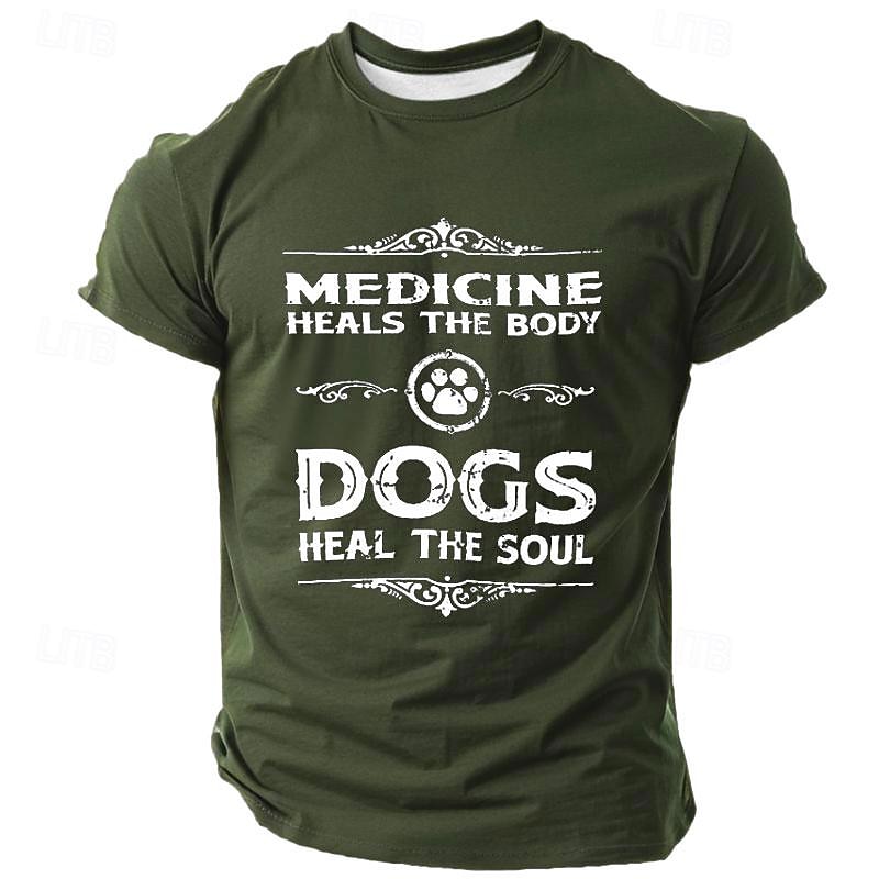Dog Lover Men's Graphic T-Shirt: Medicine Heals The Body Dogs Heal The Soul, Short Sleeve Pet Owner Tee2