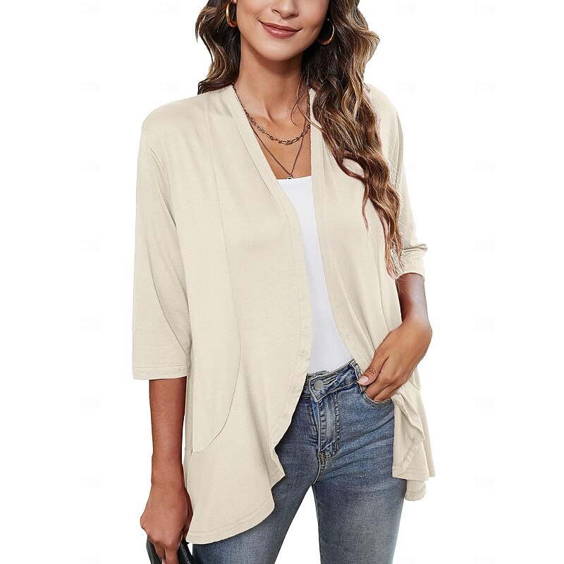 Women's Blouse Ruffle Cardigan Work Elegant Stylish Modern 3/4 Length Sleeve Black Summer Spring2