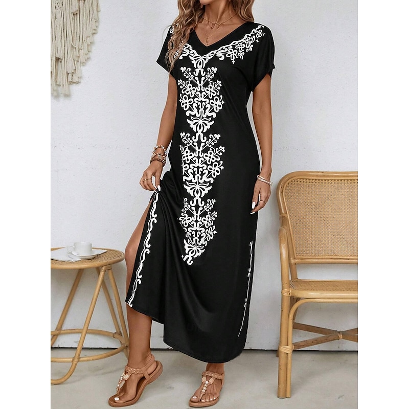 Women's Maxi Dress Sundress Shift Dress A Line Dress Ethnic Casual Drop Shoulder Daily Loose Fit Graphic Short Sleeve V Neck Black Summer3
