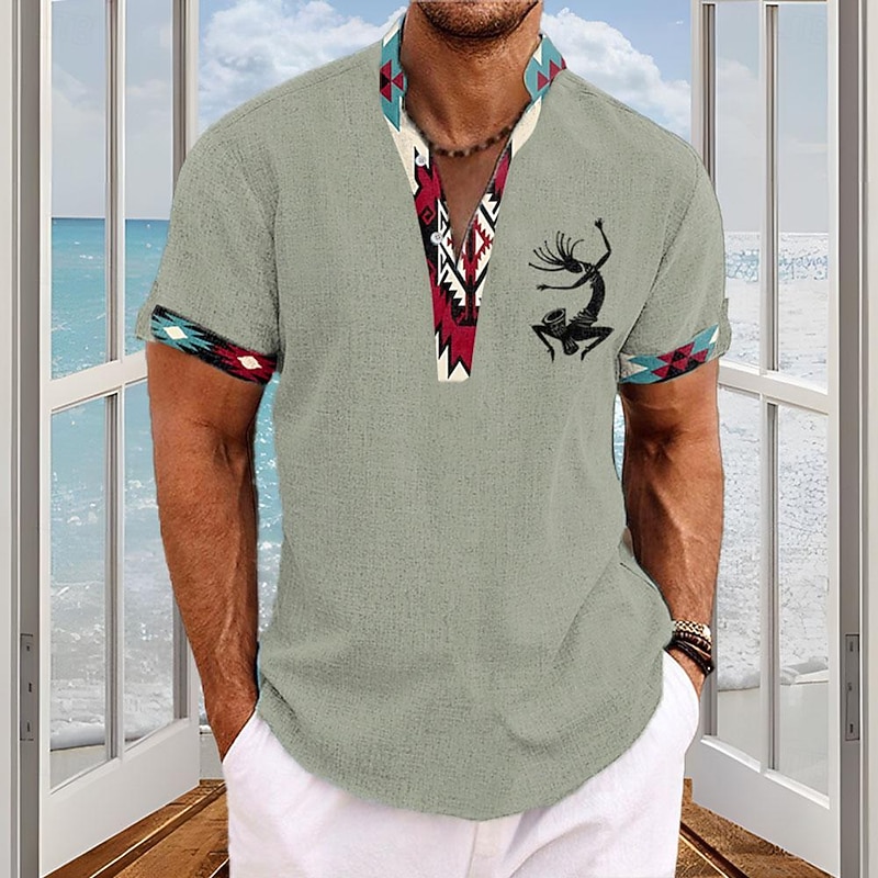 Men's Southwestern Print Kokopelli Summer Hawaiian Shirt Aloha Shirt Short Sleeve Shirt Turndown Hawaiian Resort Outdoor Party Business / Ceremony / Wedding Pink Blue Green S M L