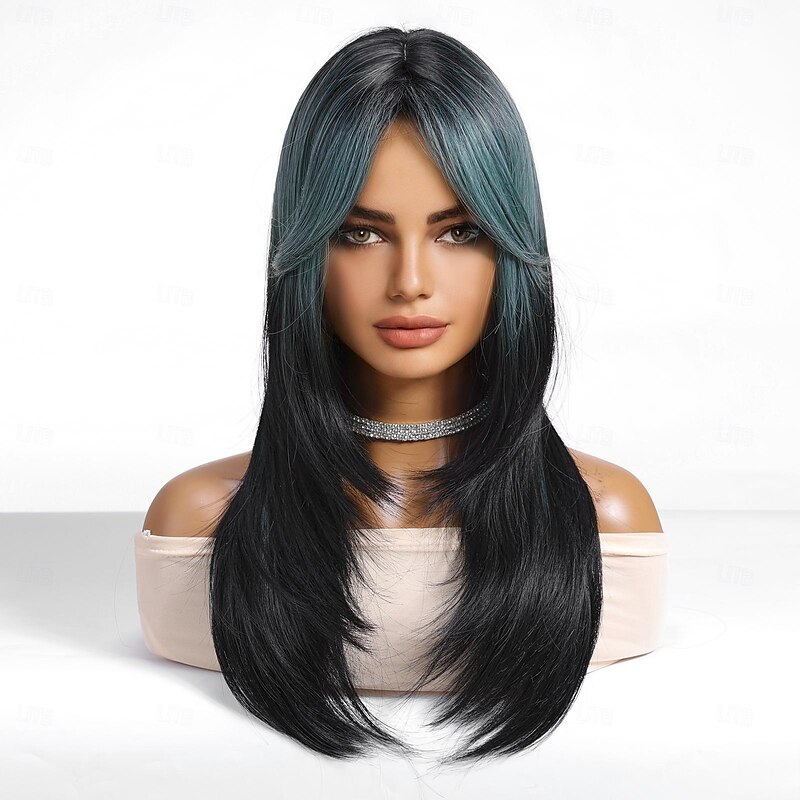 Synthetic Wig Uniforms Career Costumes Princess Straight kinky Straight Middle Part Layered Haircut Machine Made Wig 22 inch Black / Dark Green Synthetic Hair Women's Cosplay Party Fashion Natural4