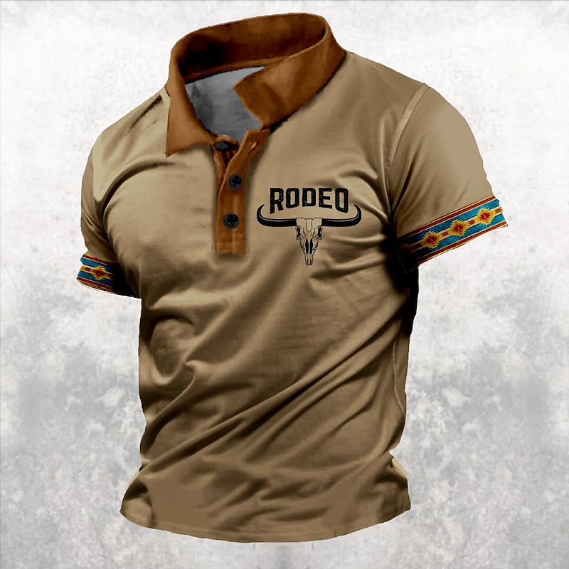 Men's Western Wear Polo Shirts Golf Shirt Short Sleeve Polo Shirts Collared Shirts Casual Vacation Wear Party Outfits Buttons 3D Print Spring & Summer Khaki