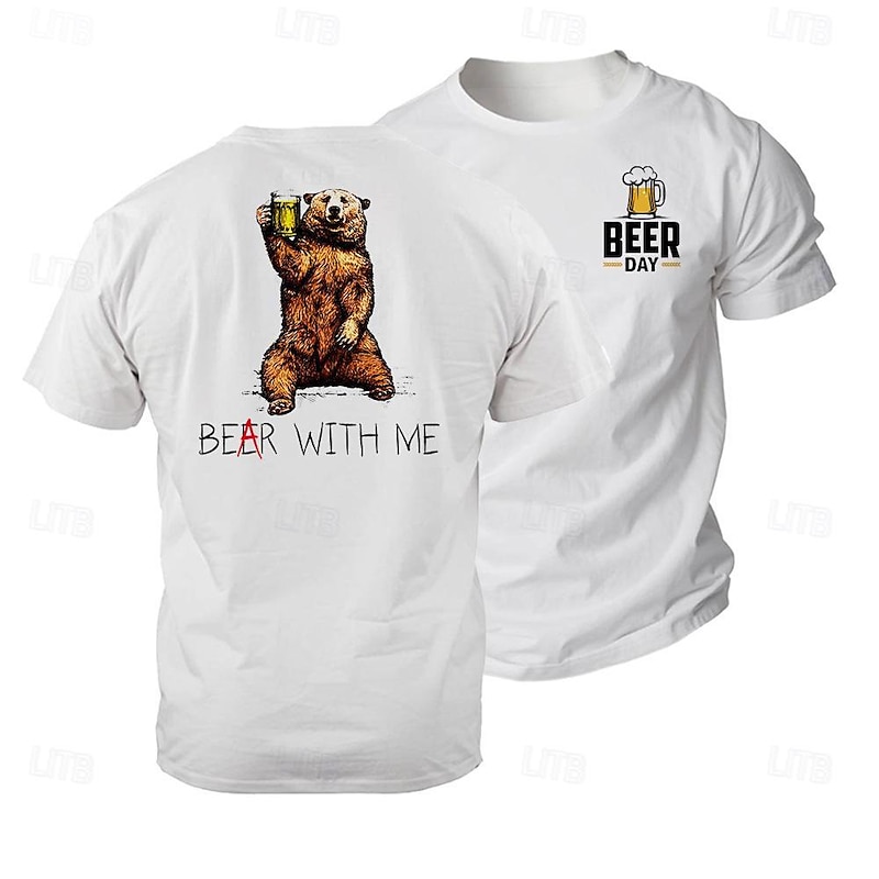 Men's Humorous 'Bear With Me' Beer Pun Short Sleeve Graphic T-Shirt