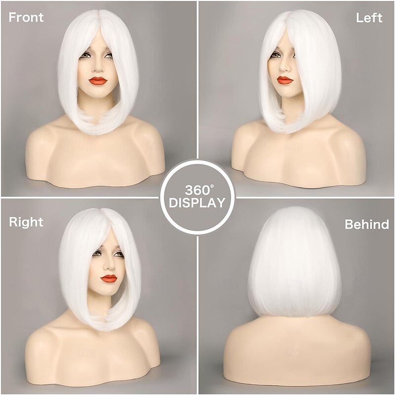 White Bob Wigs for Women Short Bob Wig with Bangs 14 inch Straight Wigs Soft Synthetic Full Wigs for Daily Party Halloween Wigs2