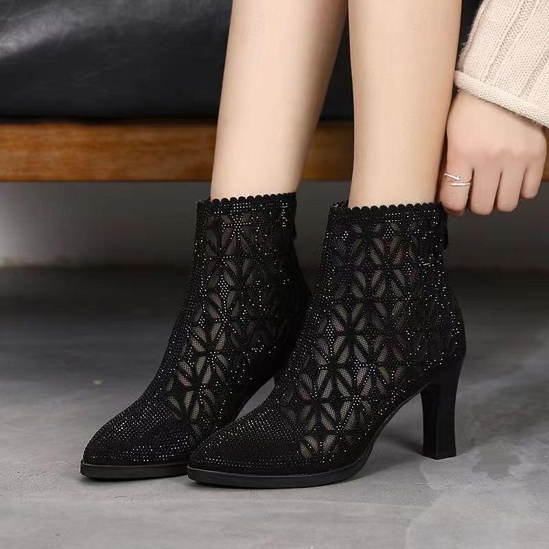 Women's Black Mesh Ankle Boots with Rhinestone Embellishments – Elegant High-Heel Design for Party and Evening Wear4