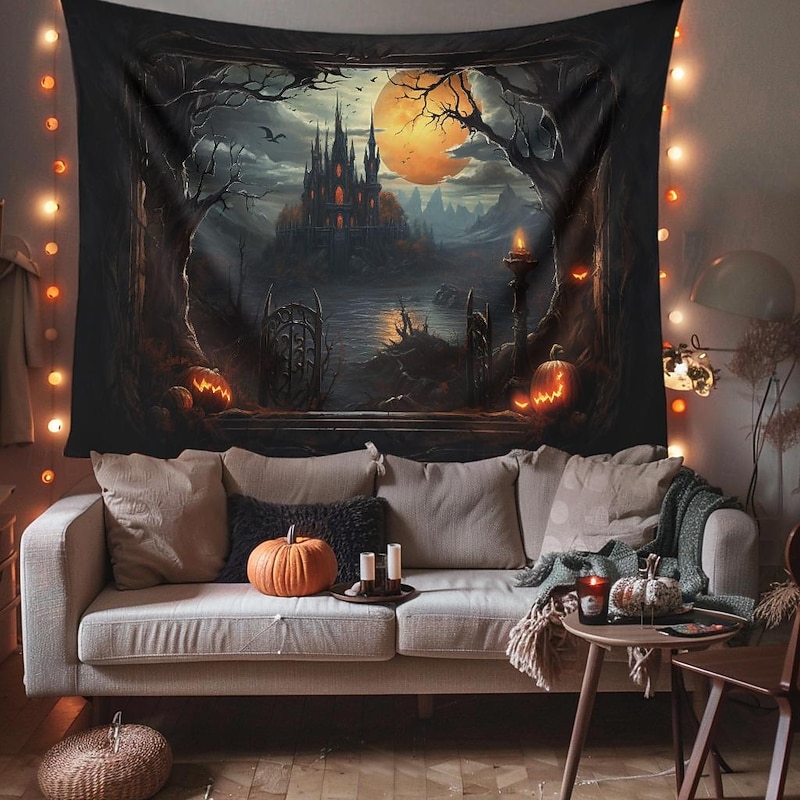 Halloween Decorations Hanging Tapestry Jack O Lantern Pumpkins Wall Art Large Tapestry Mural Decor Photograph Backdrop Blanket Curtain Home Bedroom Living Room Forest Castle - Main Image