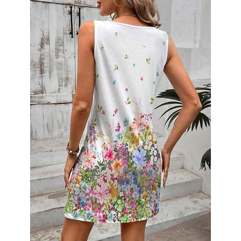 Women's Mini Dress Petite Dress Sundress Tank Dress Summer Dress Cute Casual Vacation Daily Holiday Loose Fit Floral Sleeveless Crew Neck White Summer2