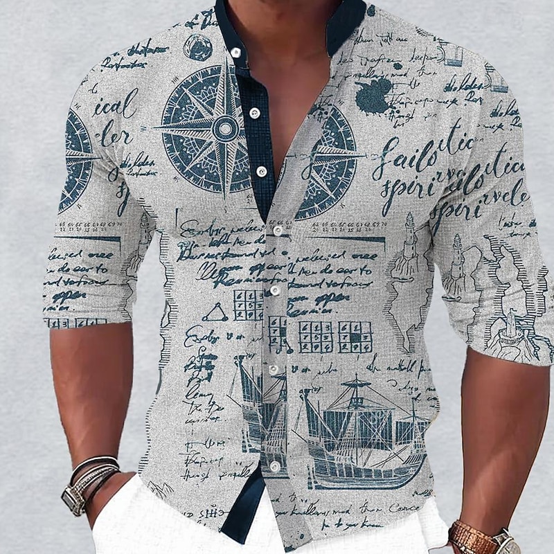 Men's Sailboat Shirt Button Up Shirt Long Sleeve Casual Daily Holiday Summer Spring &  Fall Standing Collar Buttons Print Green