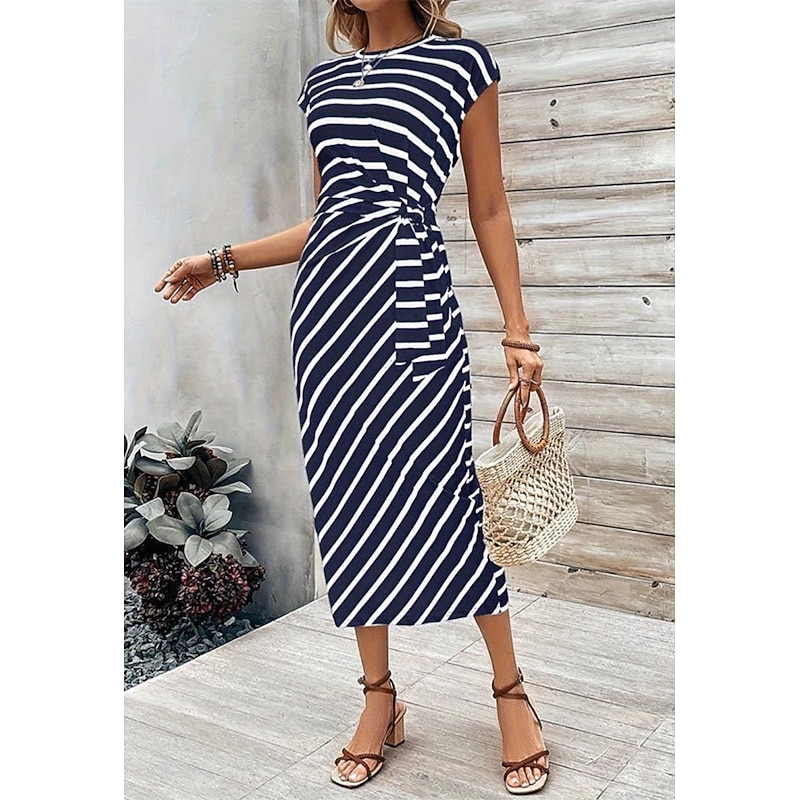 Women's Sheath Dress Stripe Knotted Crew Neck Cap Sleeve Midi Dress Stylish Casual Daily Short Sleeve Summer