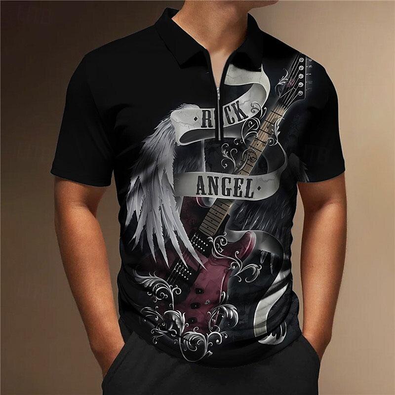 Music Festival Men's Guitar Zip Polo Shirts Golf Shirt Short Sleeve Polo Shirts Collared Shirts Casual Vacation Wear Festival Wear Party Outfits 3D Print Quarter Zip Polo Black Red Gray4