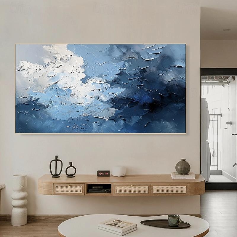 3D oil painting Hand-Painted Thick Texture Sky Petal Oil Painting Beige Blue Skyline Painting On Canvas Abstract Textured oil painting for Wall Art Living Room