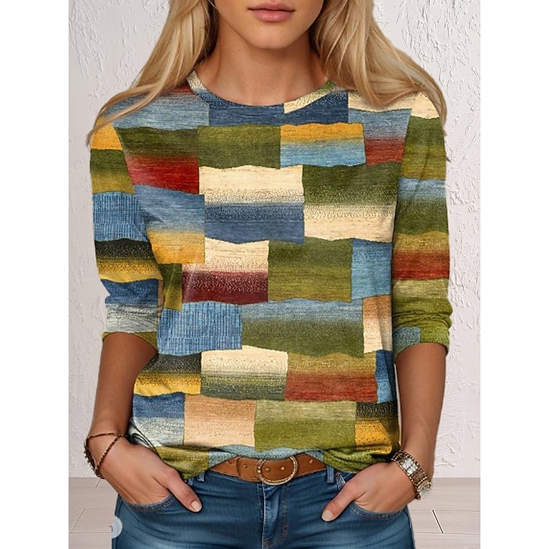 Women's T Shirt Color Block Geometry Fashion Modern Long Sleeve Crew Neck Regular Tops Vacation Daily Print Pink Blue Dark Green Green Spring &  Fall