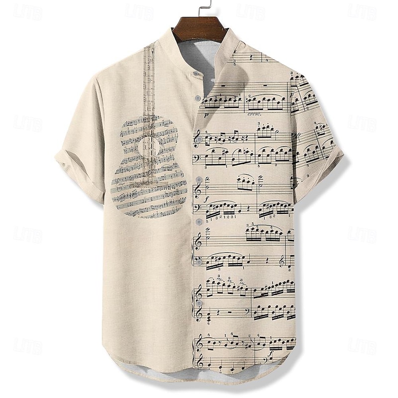Men's Boardmasters Music Guitar Shirt Button Up Shirt Short Sleeve Vintage Casual Daily Summer Spring Grandad Collar Band Collar Button Up Pocket 3D Print Blue Brown Khaki Beige