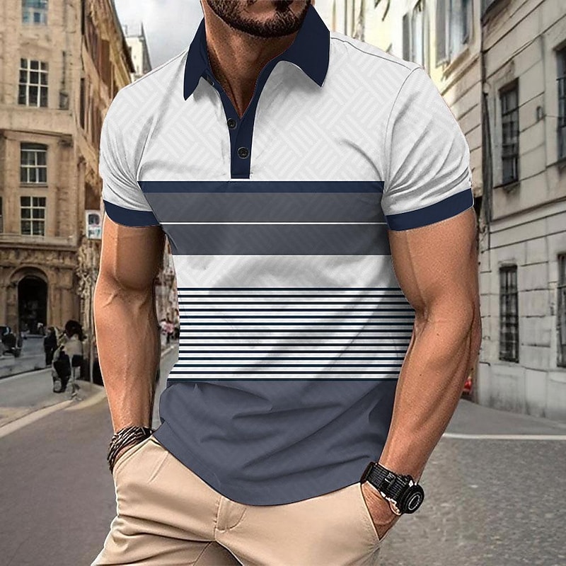 Men's Striped Polo Shirts Golf Shirt Short Sleeve Polo Shirts Collared Shirts WorkWear Formal Wear Festival Wear Buttons 3D Print Spring & Summer White