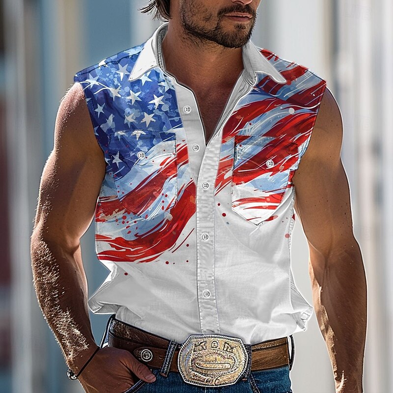 Men's American / USA National Flag Shirt Western Shirt Cowboy Shirt Sleeveless Western Style Outdoor Party Work Summer Spring Shirt Collar White