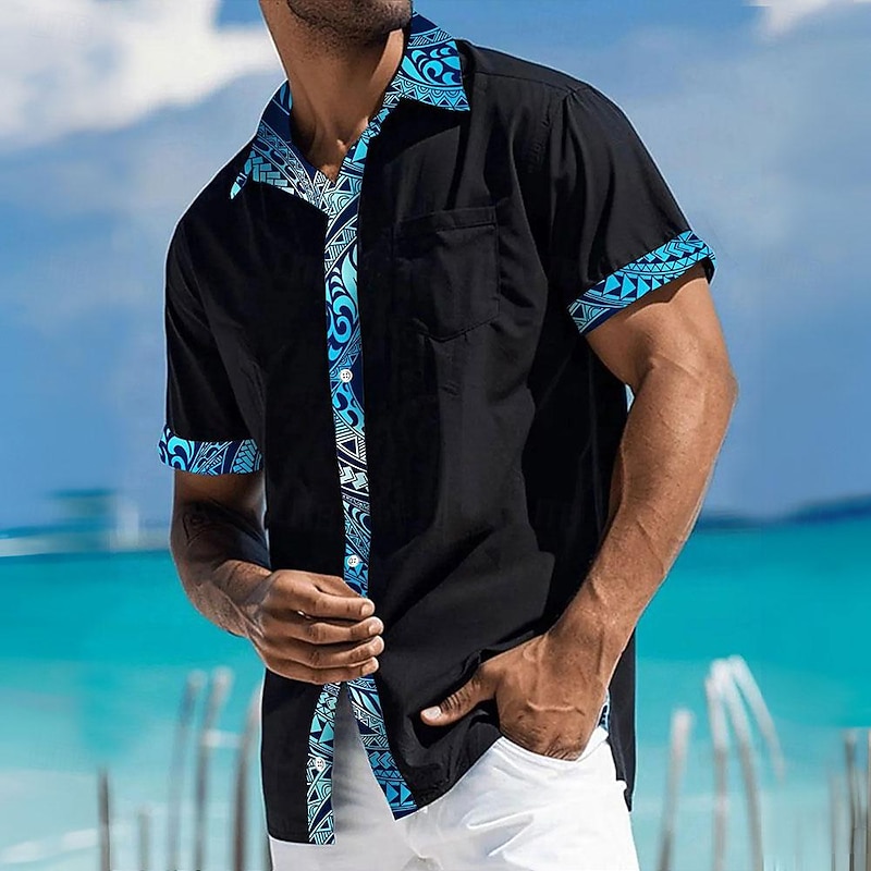 Men's Ethnic Button Up Shirt Printed Shirts Short Sleeve Hawaiian Resort Outdoor Party Business / Ceremony / Wedding Summer Turndown Print Button-Down Black