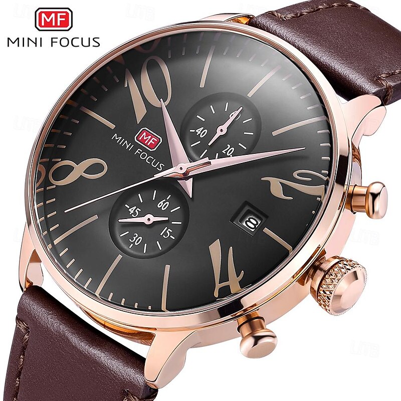 MINI FOCUS Men Quartz Watch Fashion Business Wristwatch Stopwatch Calendar Waterproof Decoration Leather Watch