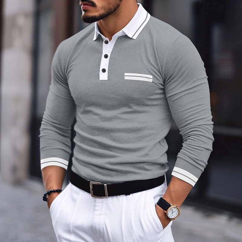 Men's Polo Shirt Golf Shirt Casual Holiday Lapel Long Sleeve Fashion Basic Color Block Patchwork Summer Regular Fit Dark Grey Burgundy Navy Blue Light Grey Polo Shirt - Main Image