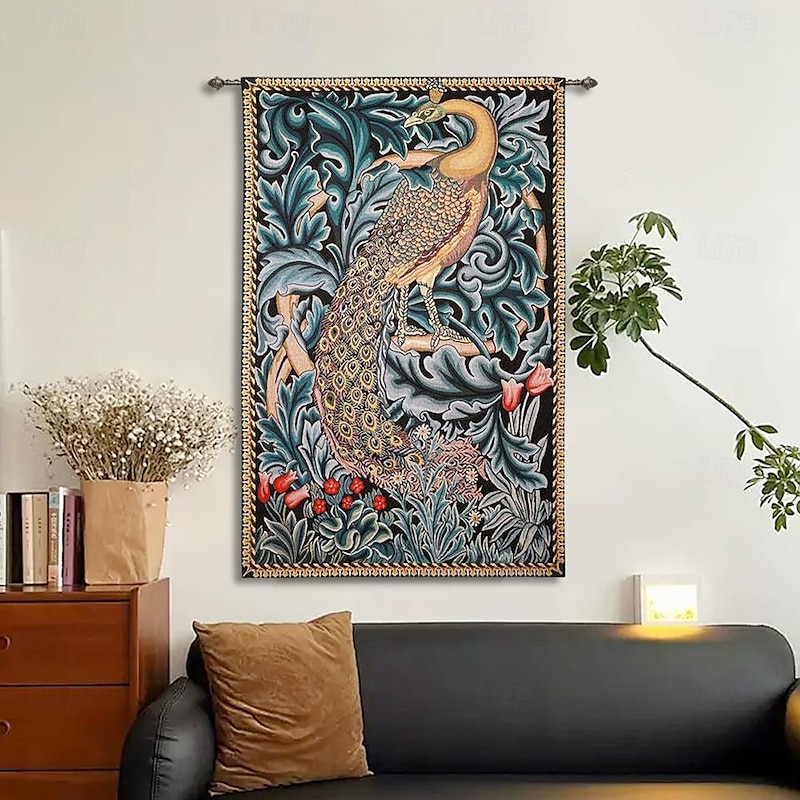 Jacquard Woven Tapestry Gobelin Aubusson Wall Art Hanging Large Tapestry Reproduction Loom Cotton Weave Forest Peacock Belgian Tapestry (without tassels and rod)