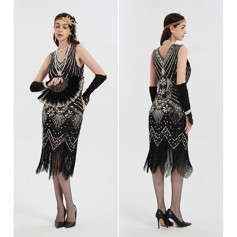 Retro Vintage Roaring 20s 1920s Flapper Dress Outfits Accesories Set The Great Gatsby Flapper Girl Wedding Guest Sequins Tassel Fringe Fancy Dress Women's Wedding Party Dress Club Adults' Dress4