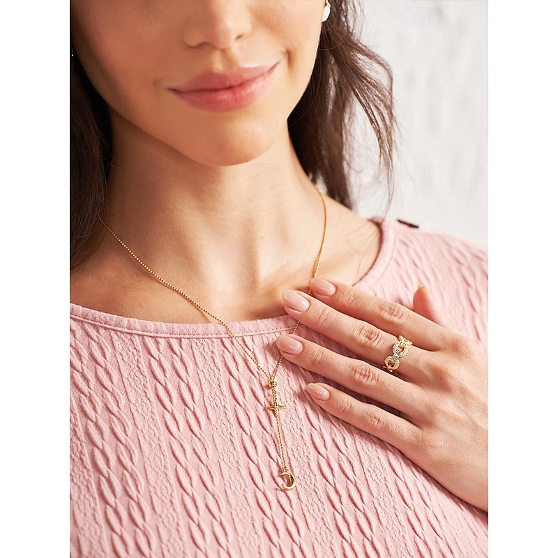 Women's Gold Star and Moon Pendant Necklace - Titanium Steel Lariat Chain Perfect for Casual and Elegant Styles3