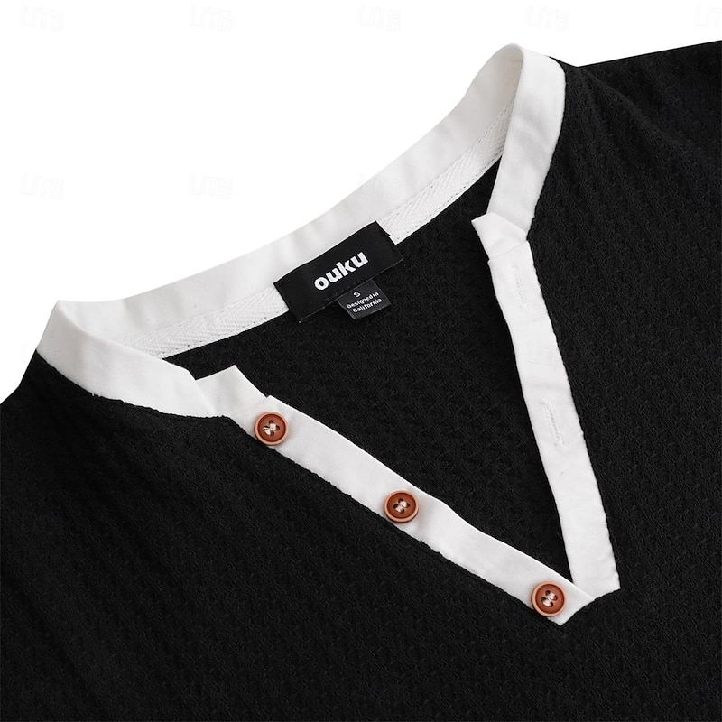 Men's Waffle Henley Shirt Tee Top Long Sleeve Shirt Long Sleeve V Neck Henley Summer Solid Color Fashion Designer Comfortable Buttons Outdoor Casual Daily Black White Blue Top Tee for Men2