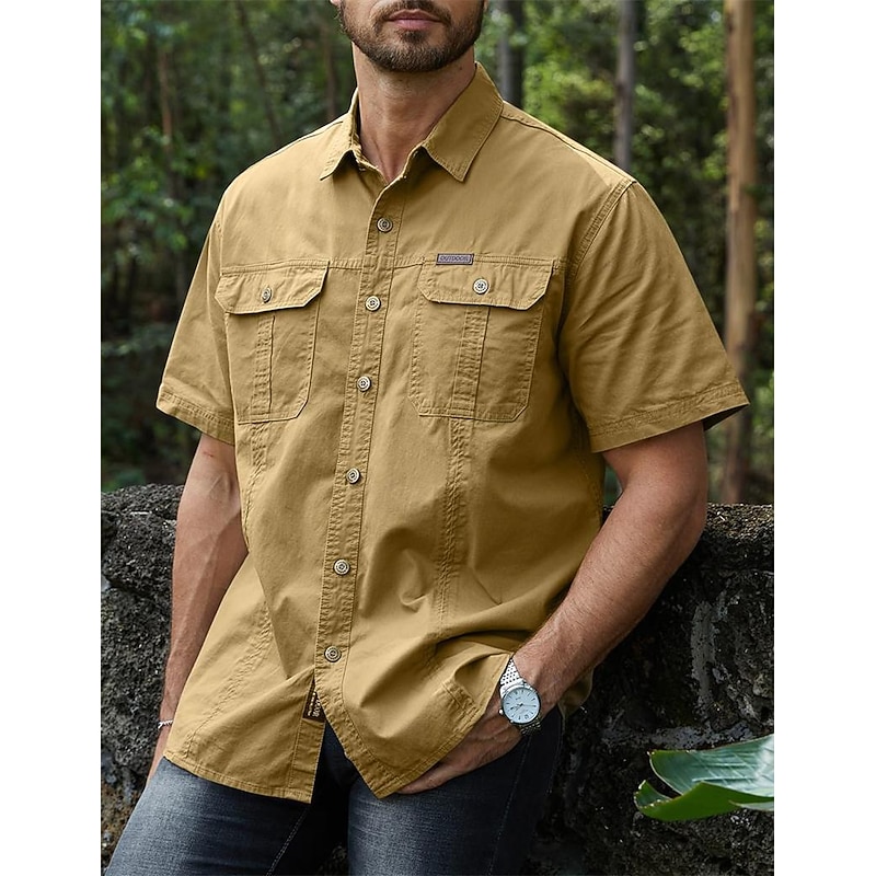 Men's Shirt Button Up Shirt Casual Shirt Work Shirt Cargo Shirt Black Navy Blue Royal Blue Orange Green Short Sleeves Plain Turndown Vacation Going out Button-Down Clothing Apparel Stylish Modern