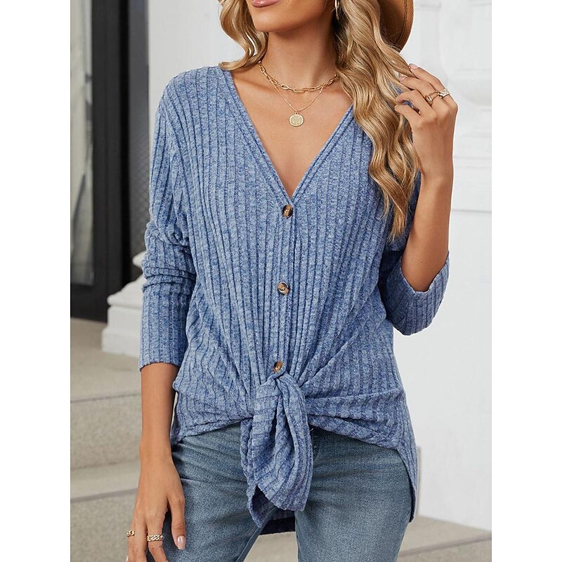 Women's Tunic Blouse Casual Solid Color Buttons Long Sleeve Regular Tops V Neck Daily Blue Purple Khaki Gray Spring Fall Winter4