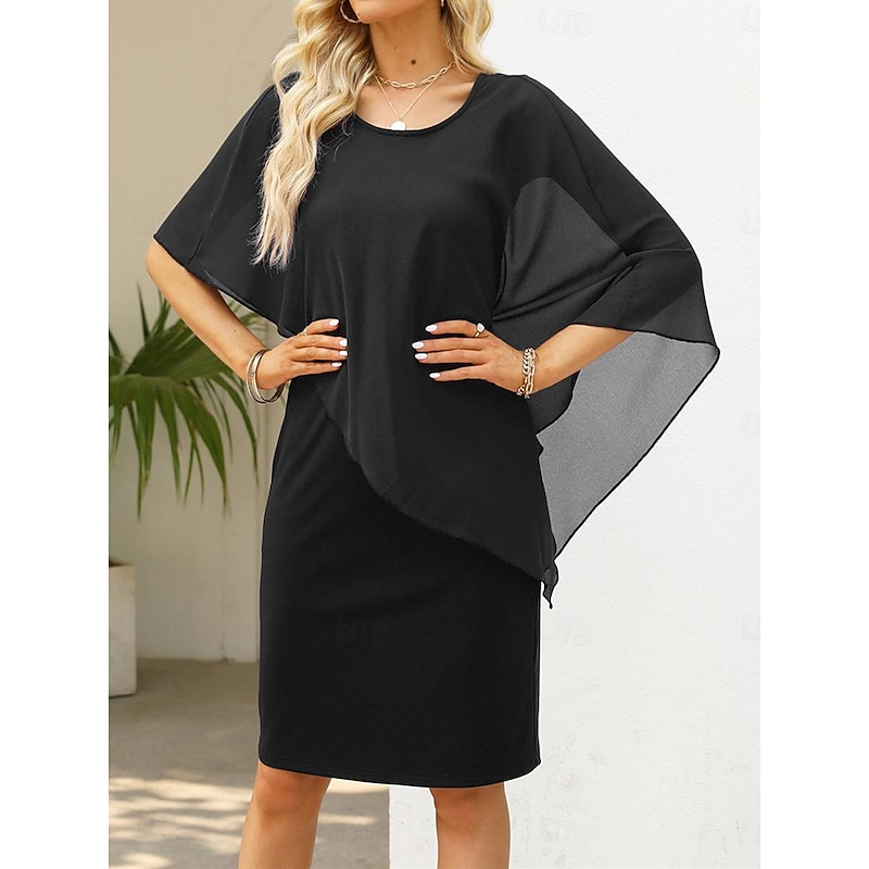 Women's Mini Dress Black Dress Cocktail Dress Chiffon Dress Formal Dress Elegant Formal Party Wedding Guest Work Regular Fit Long Sleeve Crew Neck Black Fall3