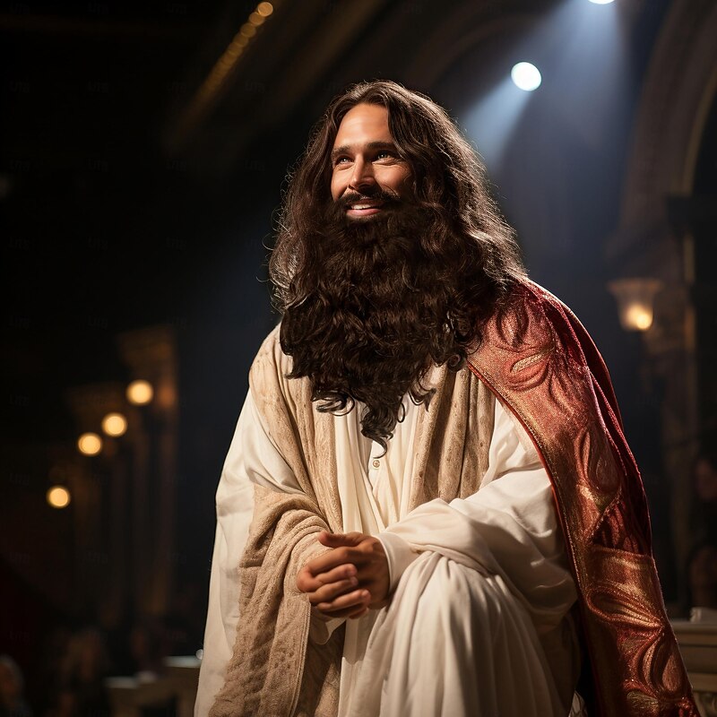 Brown Jesus Wizard Curly Wig And Beard Halloween Funny Cosplay Costume Accessory for Adults3