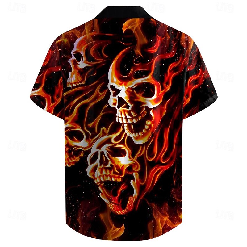 Men's Skull Flame Halloween Costumes Shirt Button Up Shirt Short Sleeve Casual Dark Daily Holiday Summer Turndown Button Up 3D Print Red2