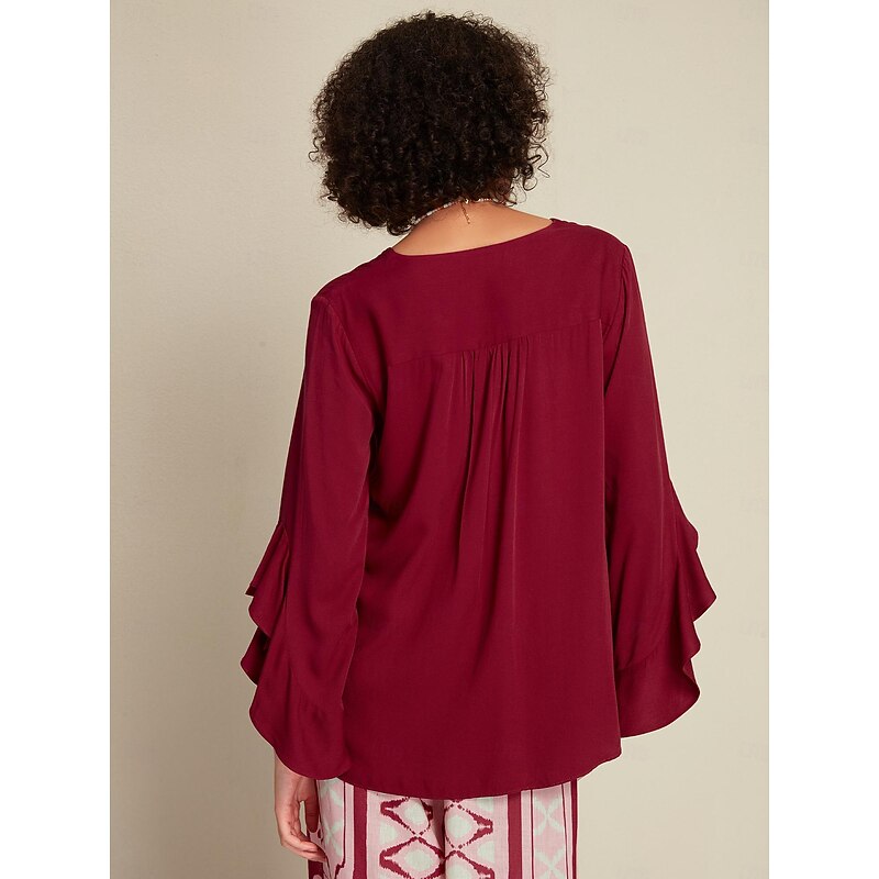 Ruffle Flare Cuff Sleeve Crew Neck Blouse2
