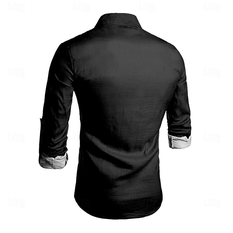 Men's Shirt Linen Shirt Button Up Shirt Long Sleeve Tribal Fashion Casual Vacation Causal Casual Summer Spring &  Fall Stand Collar Buttons Print Black Khaki Beige4