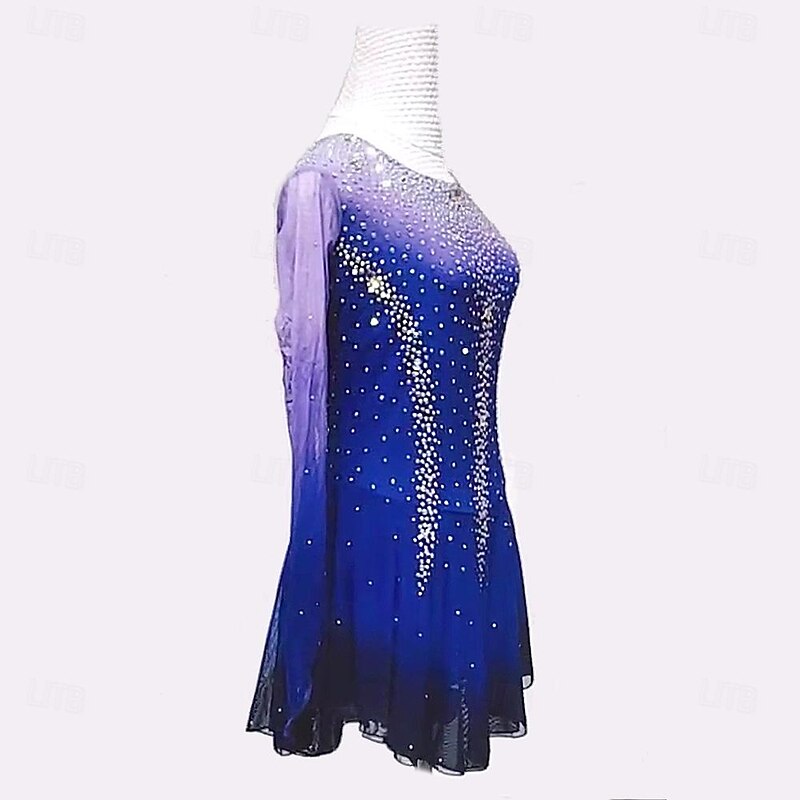 Figure Skating Dress Women's Girls' Ice Skating Dress Black Blue Dark Blue Patchwork Thumbhole Mesh High Elasticity Training Competition Skating Wear Classic Long Sleeve Ice Skating Figure Skating3