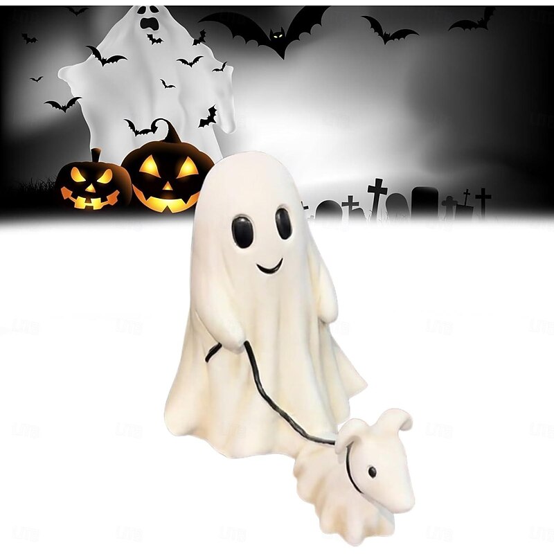Halloween Ghost Walking Dog Statue Ghost Walking His Ghost Dog Halloween Ghost Dog Statues Spooky Ghost Dog Halloween Figurine Home Tabletop Decorations2