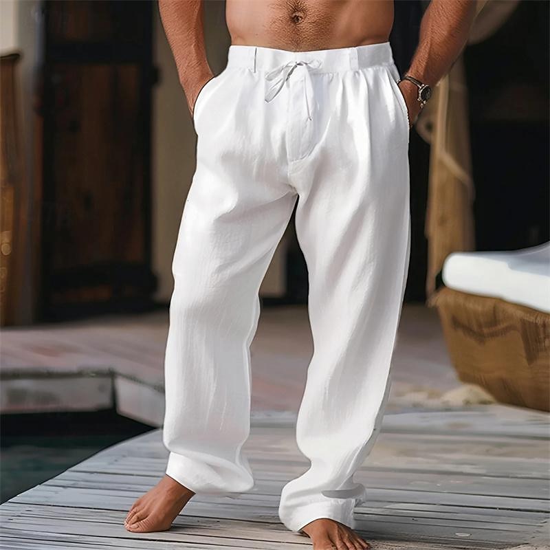 Men's Trousers Summer Pants Beach Pants Drawstring Pleats Straight Leg Plain Comfort Breathable Casual Daily Holiday Fashion Classic Style Black White2