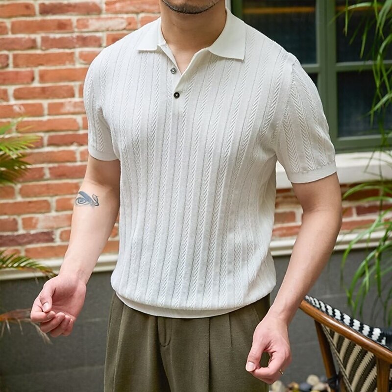Men's Knit Polo Sweater Golf Shirt Casual Holiday Button Classic Short Sleeve Fashion Old Money Style Striped Button Front Summer Spring Fall White Navy Blue Green Knit Polo Sweater4