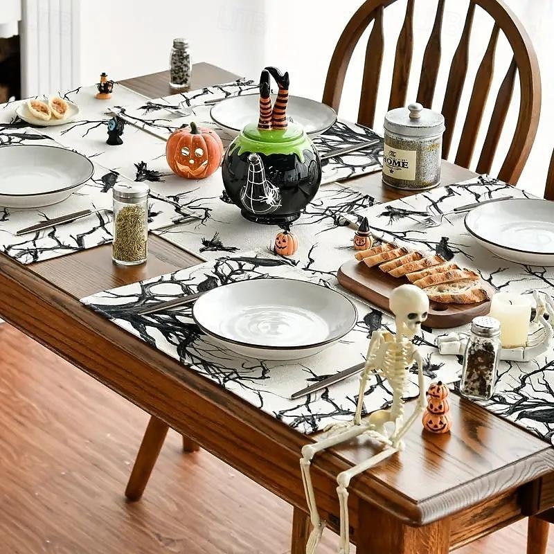 4pcs/set Halloween Placemats,12x18 Inch Pumpkin Ghost Truck Bats Buffalo Plaid Washable Linen Dining Table Place Mats Farmhouse Seasonal Kitchen Dinner Party Holiday Decor4