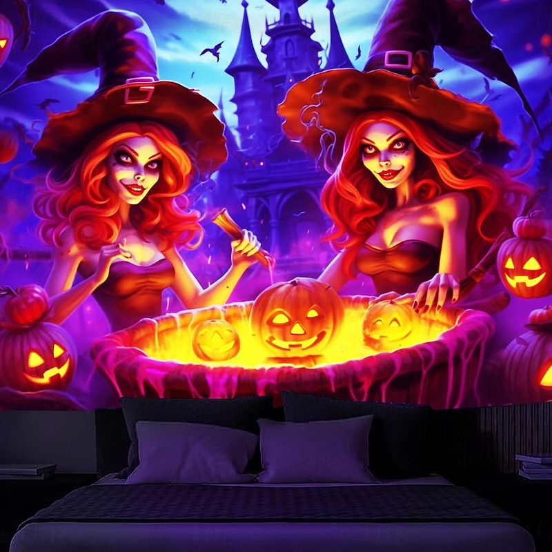 Halloween Decorations Pumpkin Blacklight Tapestry UV Reactive Glow in the Dark Trippy Misty Hanging Tapestry Wall Art Mural for Living Room Bedroom Poison Witch2