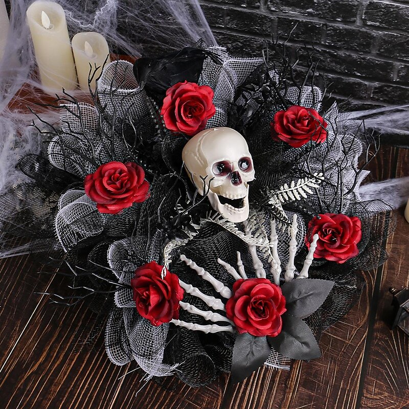 15 Inch Halloween Wreath, Red Rose Skull Mesh Wreath for Indoor Wall and Front Door, Wall & Door Hanging Decoration, Home Party Decor3