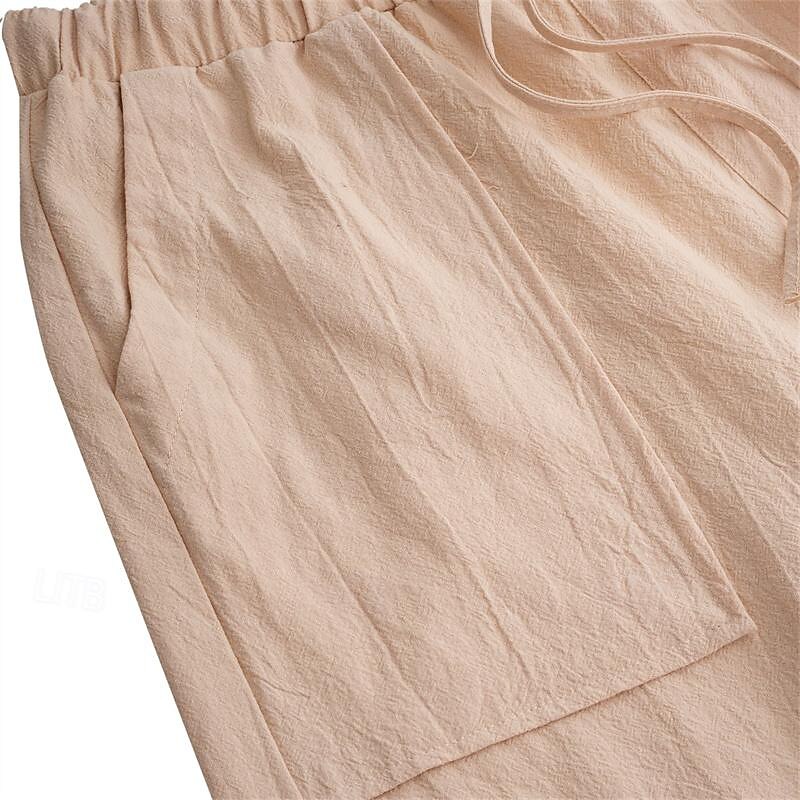 Men's Linen Pants Trousers Summer Pants Beach Pants Drawstring Pocket Elastic Waistband Plain Comfort Breathable Full Length Daily Streetwear Fashion Casual / Sporty Loose Fit Dark Khaki Black4