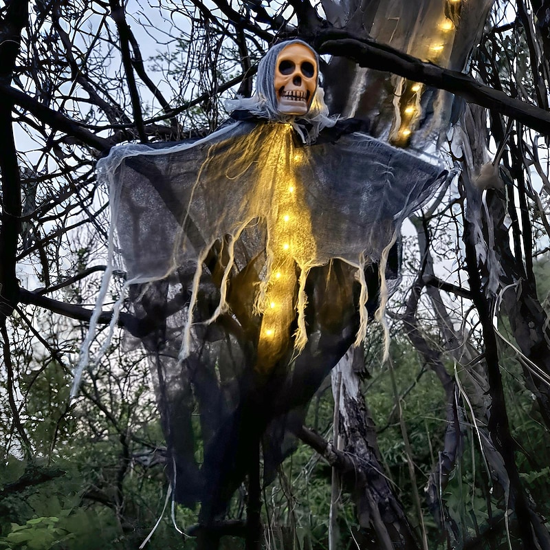 Halloween Lighted Ghost Skulls Funny Garden Decor Lights Party Decorations Cloth Battery Powered Halloween Outdoor Forest Park Haunted House Horror Scene Layout2