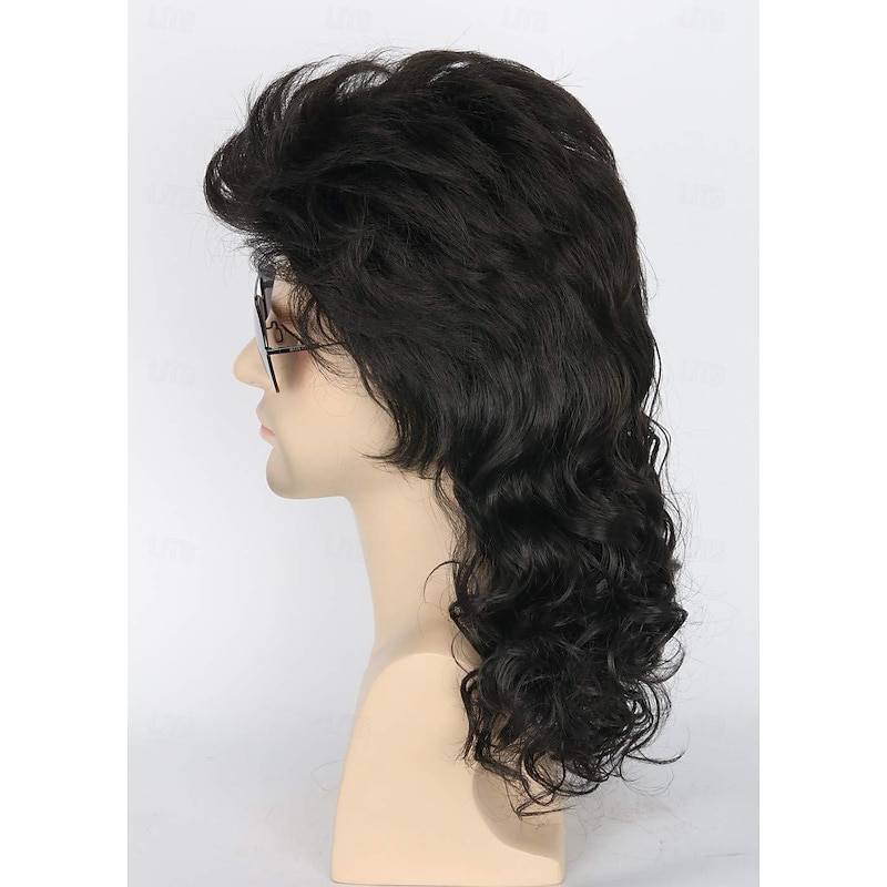 Men Wigs 80s Mullet Wig Black Curly Male Wig Carnival Costumes Punk Rocker Wig Long Halloween Wigs3