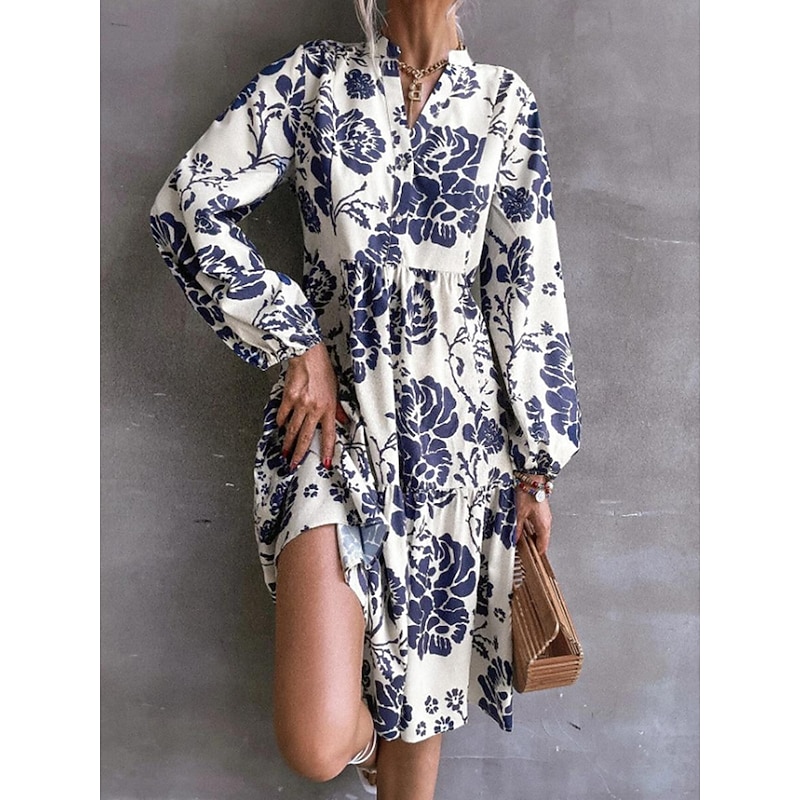 Women's Casual Dress Swing Dress Floral Print Notched Neck Midi Dress Stylish Casual Daily Vacation Long Sleeve Fall2