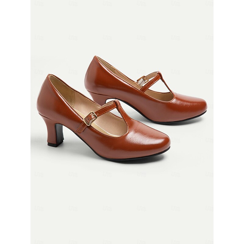 Women's Vintage Gatsby Brown T-Strap Heels with Classic Design-Ideal for Office, Parties, and Formal Events3
