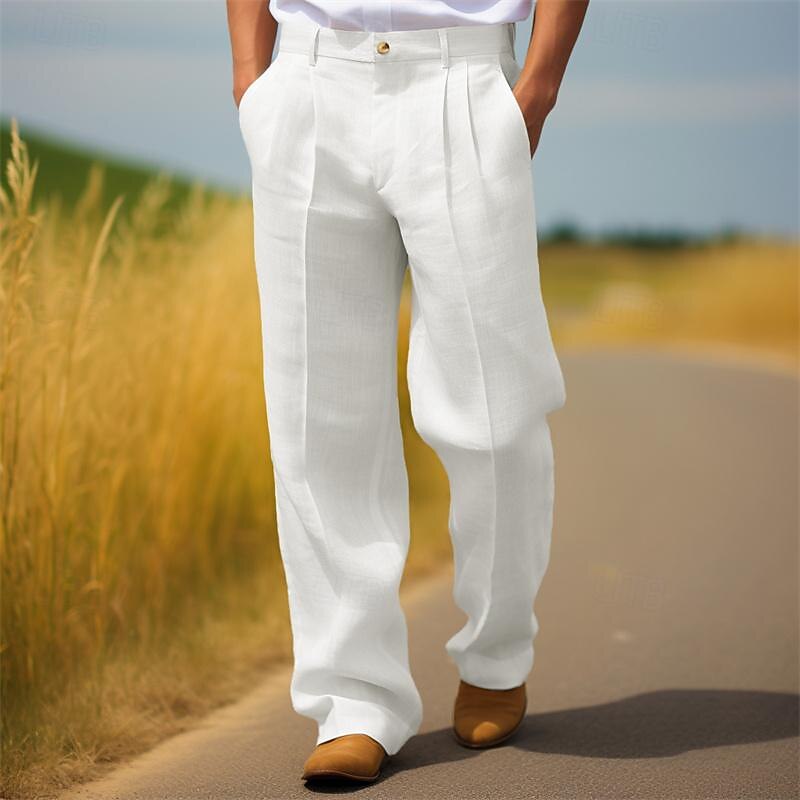 Men's Dress Pants Linen Pants Trousers Summer Pants Pleated Pants Front Pocket Straight Leg Plain Comfort Breathable Full Length Casual Daily Holiday Fashion Streetwear Black White4