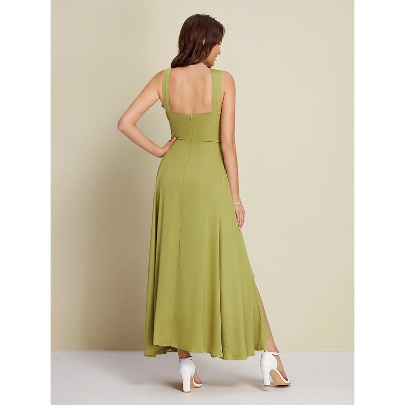 Women's Army Green Maxi Party/Wedding Guest /Cocktail Dress Satin Green Halter Neck Front Slit Cut-out Asymmetrical Ruffle dress to impress 20242