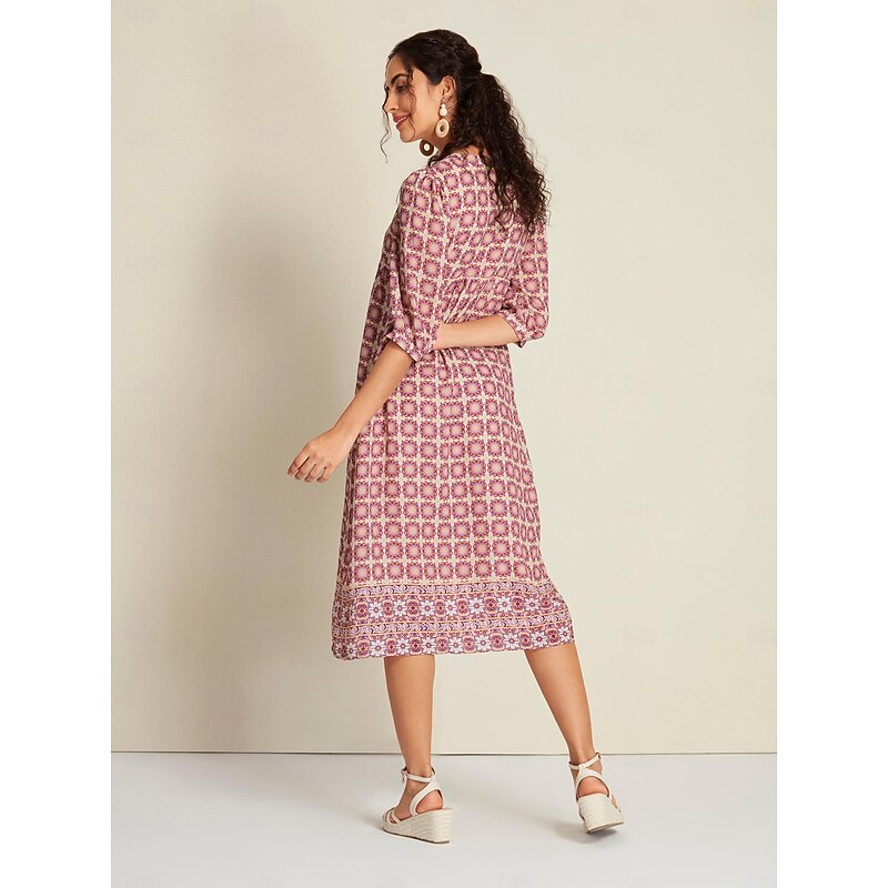 Chiffon Ethnic Floral Print Half Sleeve V Neck Midi Dress2